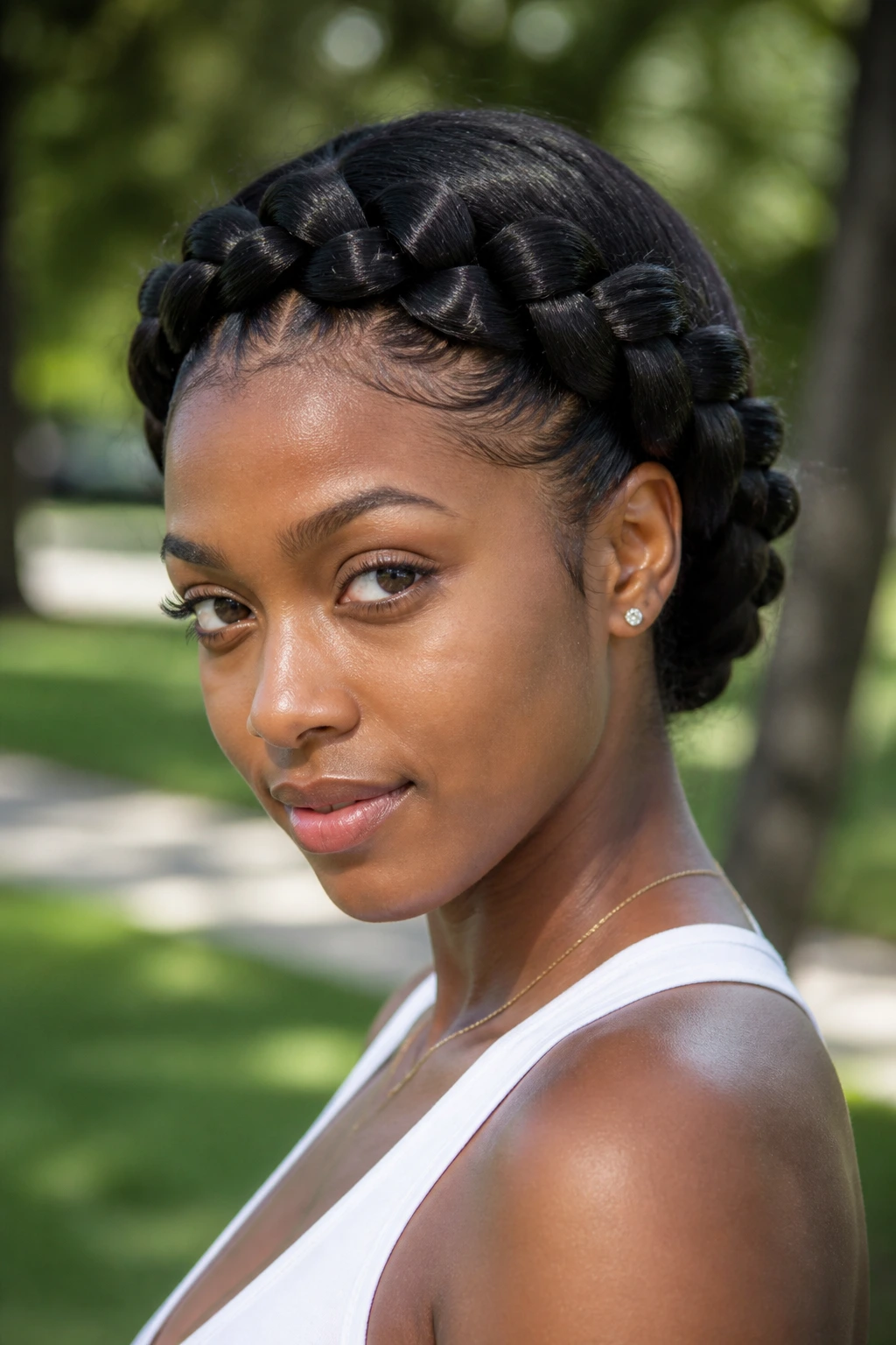 Portrait of a person with a front-heavy halo French braid in daylight outdoors