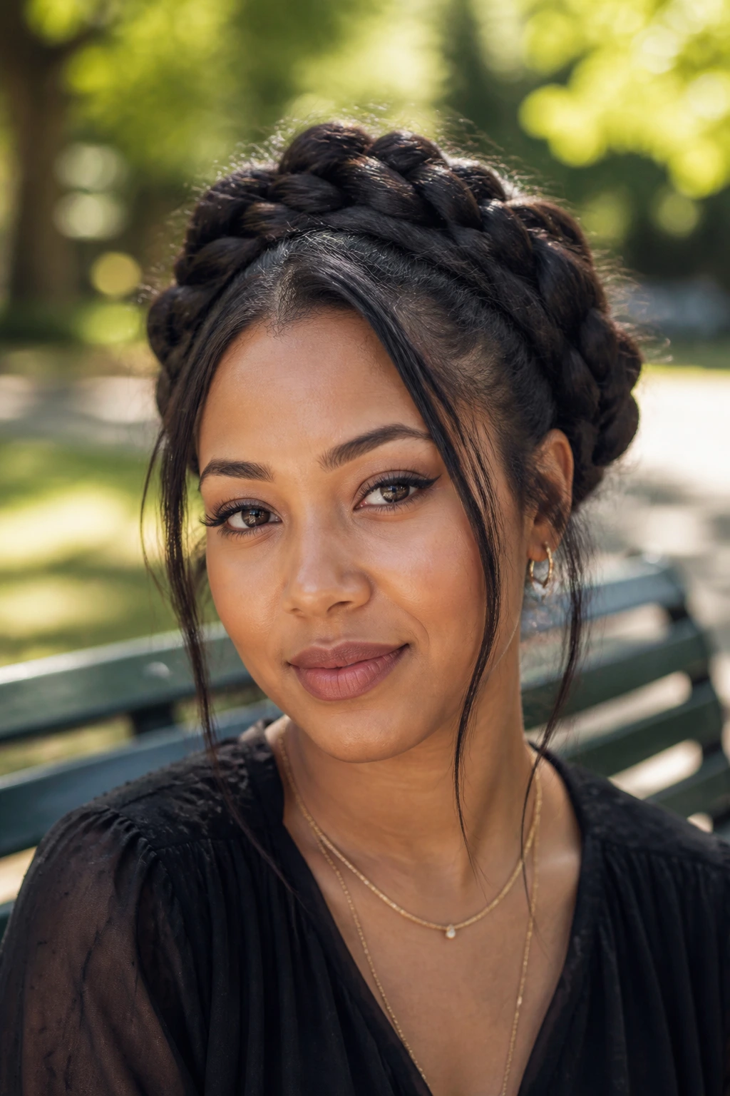 Close-up portrait of a woman with a halo braid and crown lift on sunny park bench
