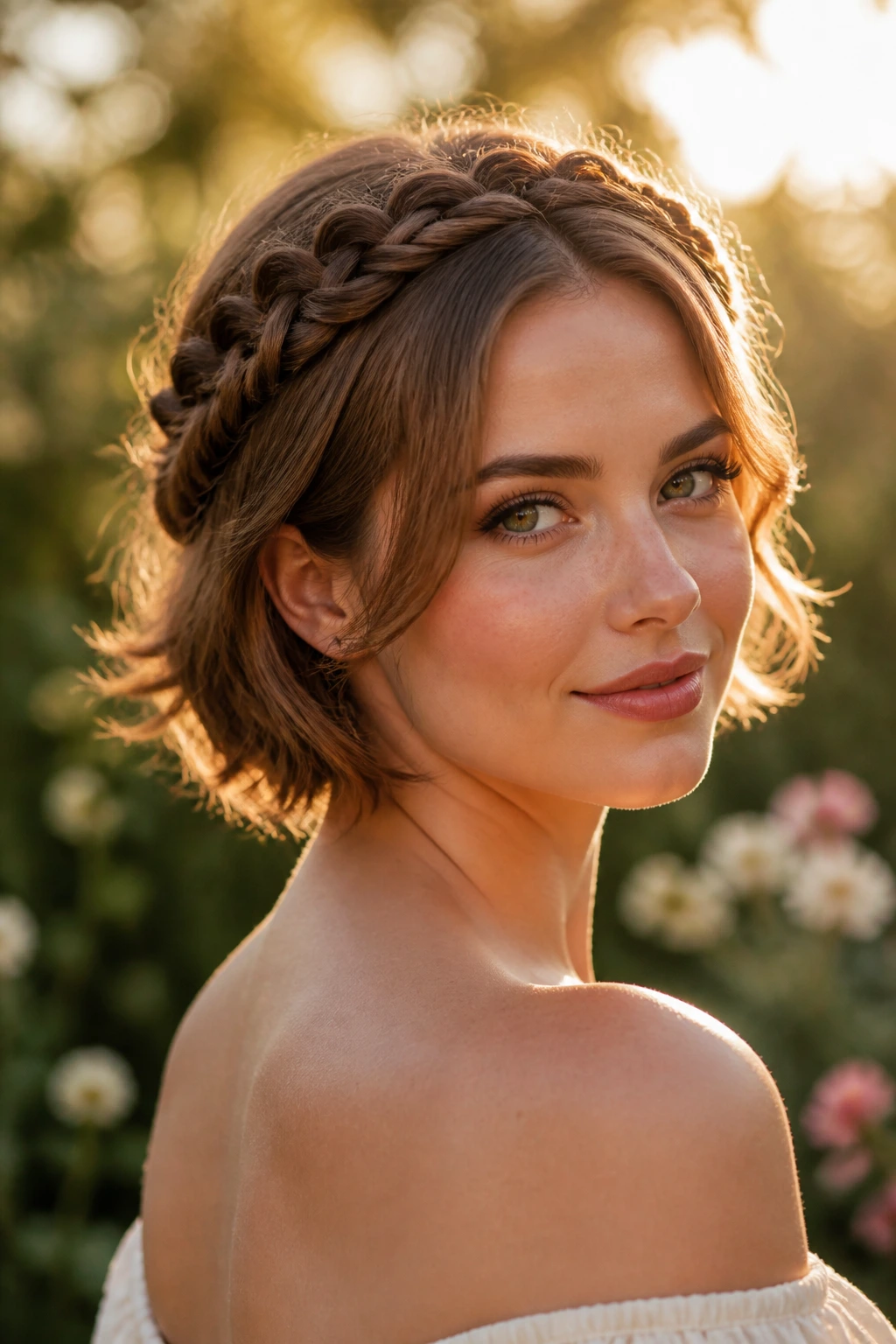 Close-up portrait of a real woman with halo braid crown on short hair in golden hour light
