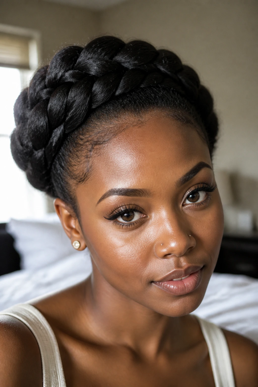 Close-up of halo braid crown on thick hair worn by a real woman