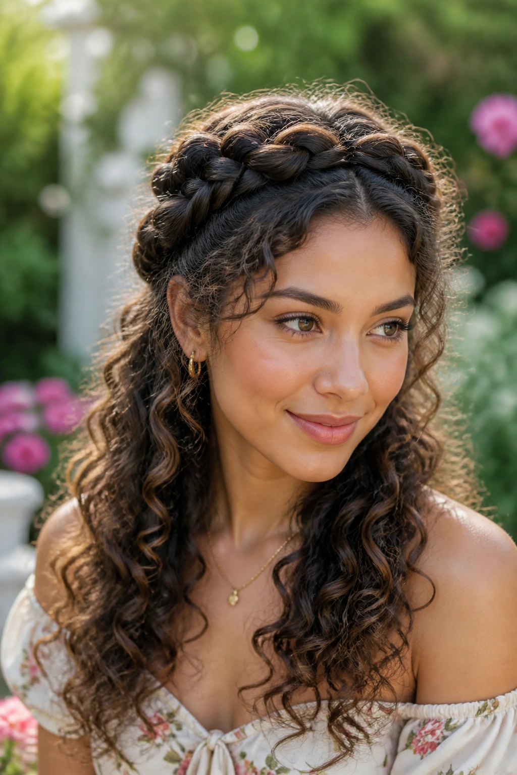 Close-up of a real woman wearing a half-up halo braid in natural light