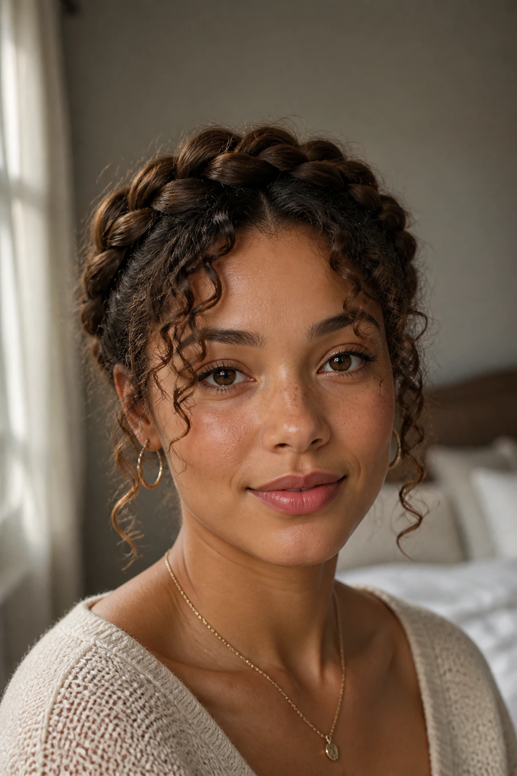 Close-up of a real woman with halo braid and loose curl fringe in warm window light