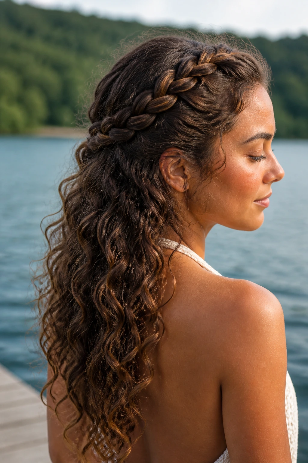 Real woman with halo braid and loose curls at the lakeside