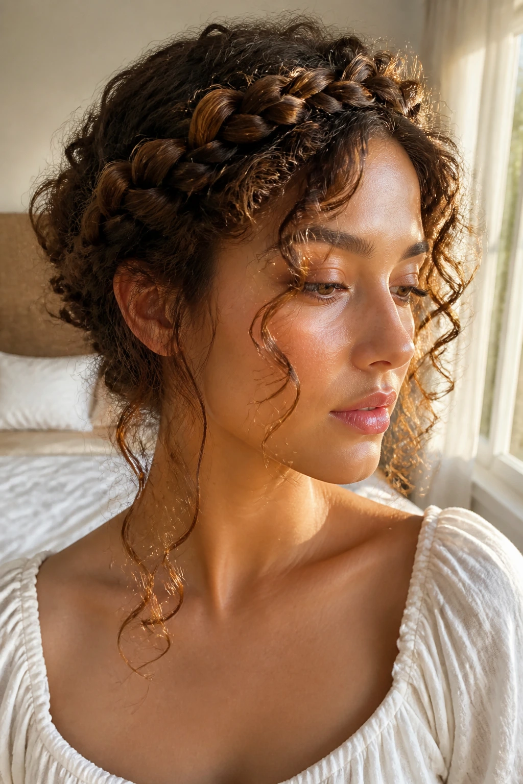 Close-up of a real woman with halo braid around the head, curls framing the face