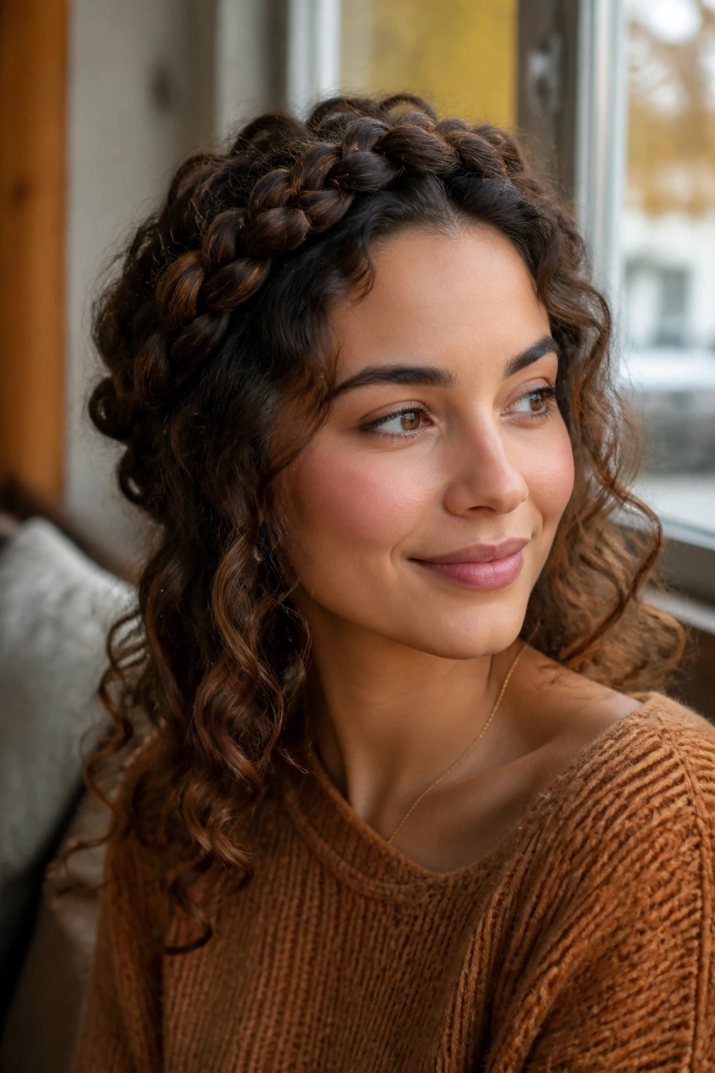 Close-up of a real woman with halo braid around loose curls
