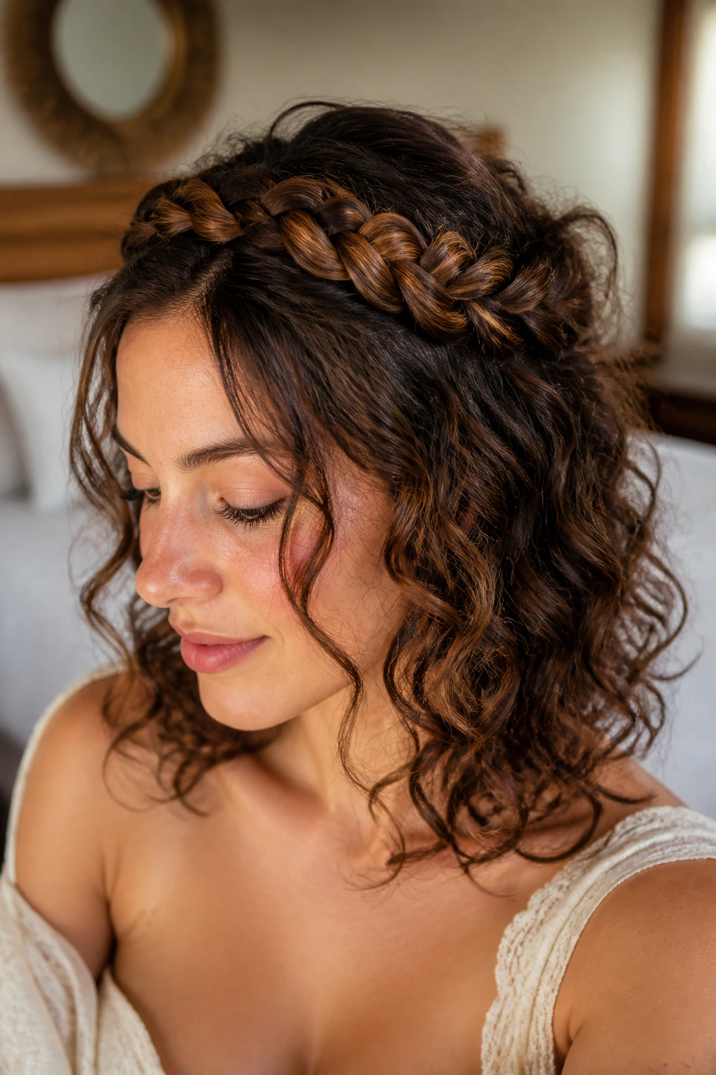 Close-up of a real woman with Halo Braid with Loose Curls