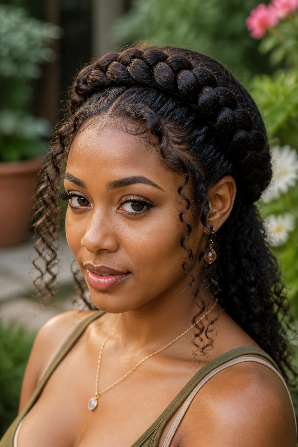 Real woman wearing halo braid with curly drop-out