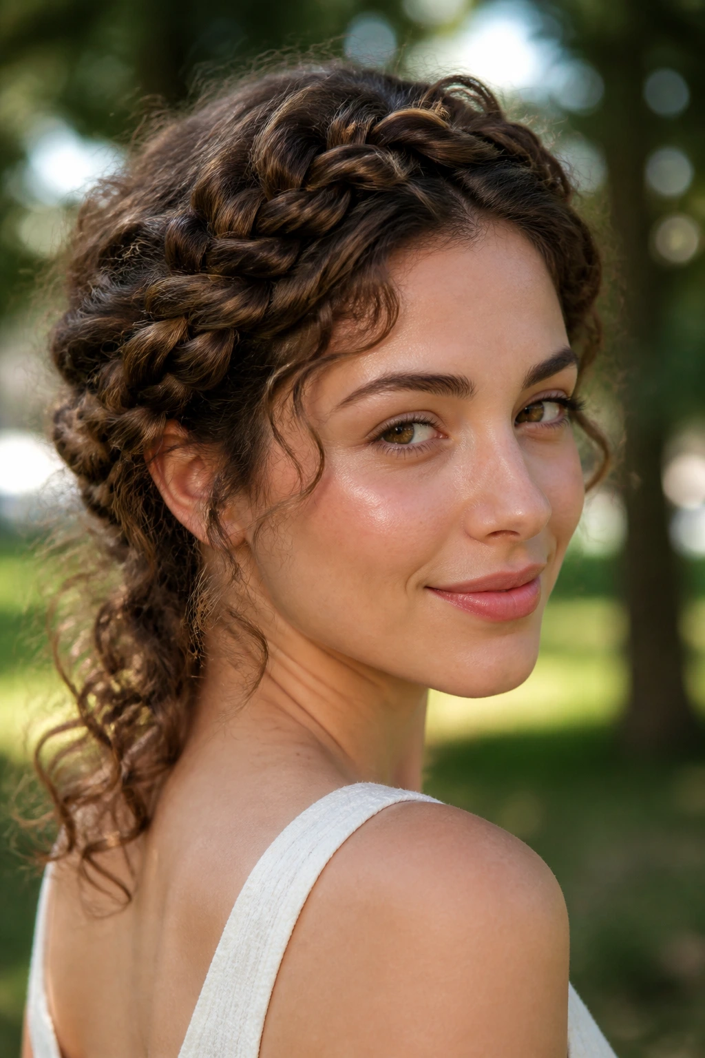 Close-up of a real woman with a halo braid and loose ends.