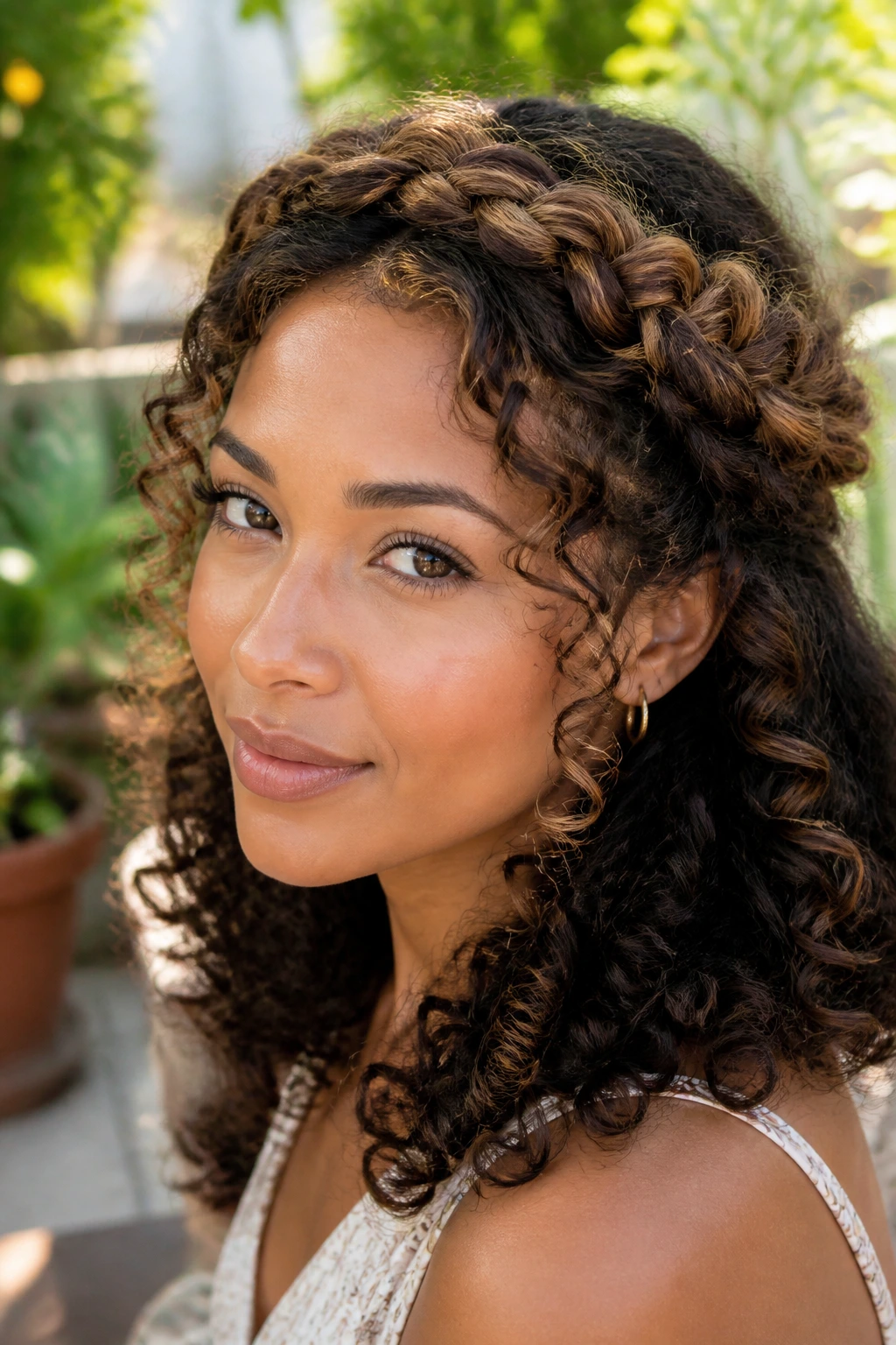 Close-up of halo braid on defined curls with deep brown ends in sunlight
