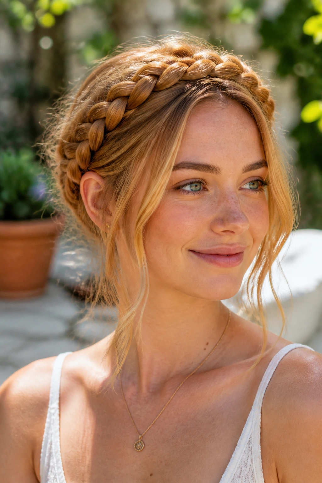 Close-up of a real woman with Halo Braid and face-brightening front strands.