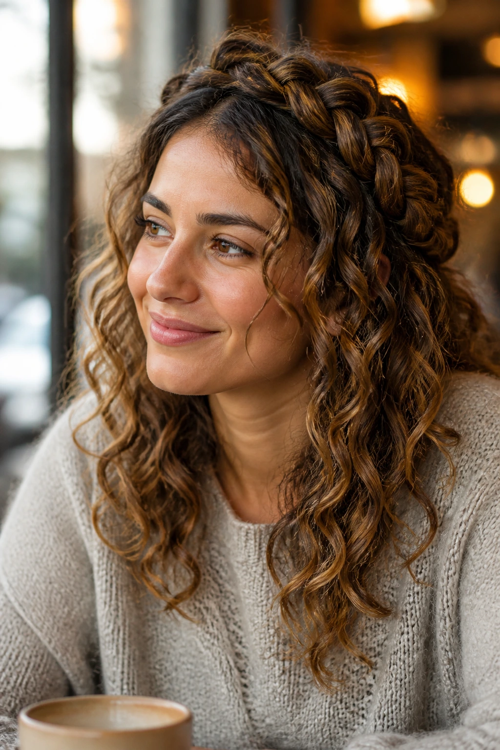 Close-up portrait of a real woman with a halo braid and free ends.