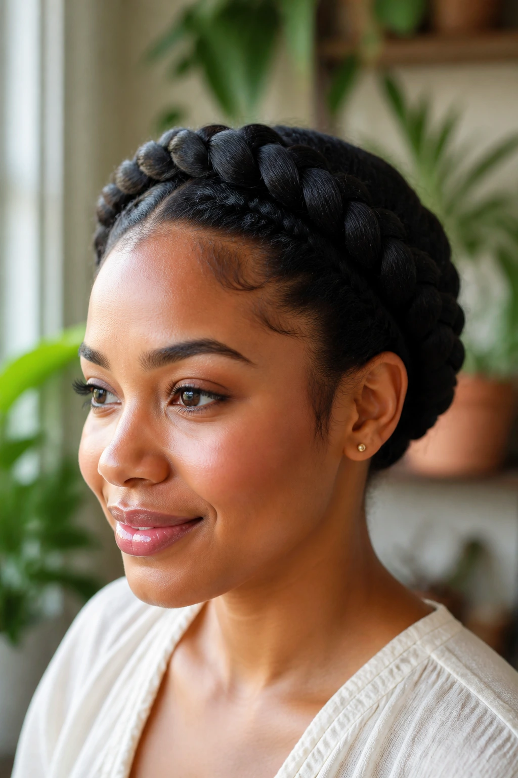Close-up portrait of a real person with a halo braid circling the head under soft window light