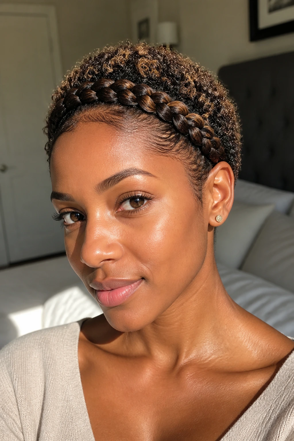 Close-up of a real person with a halo braid around the hairline