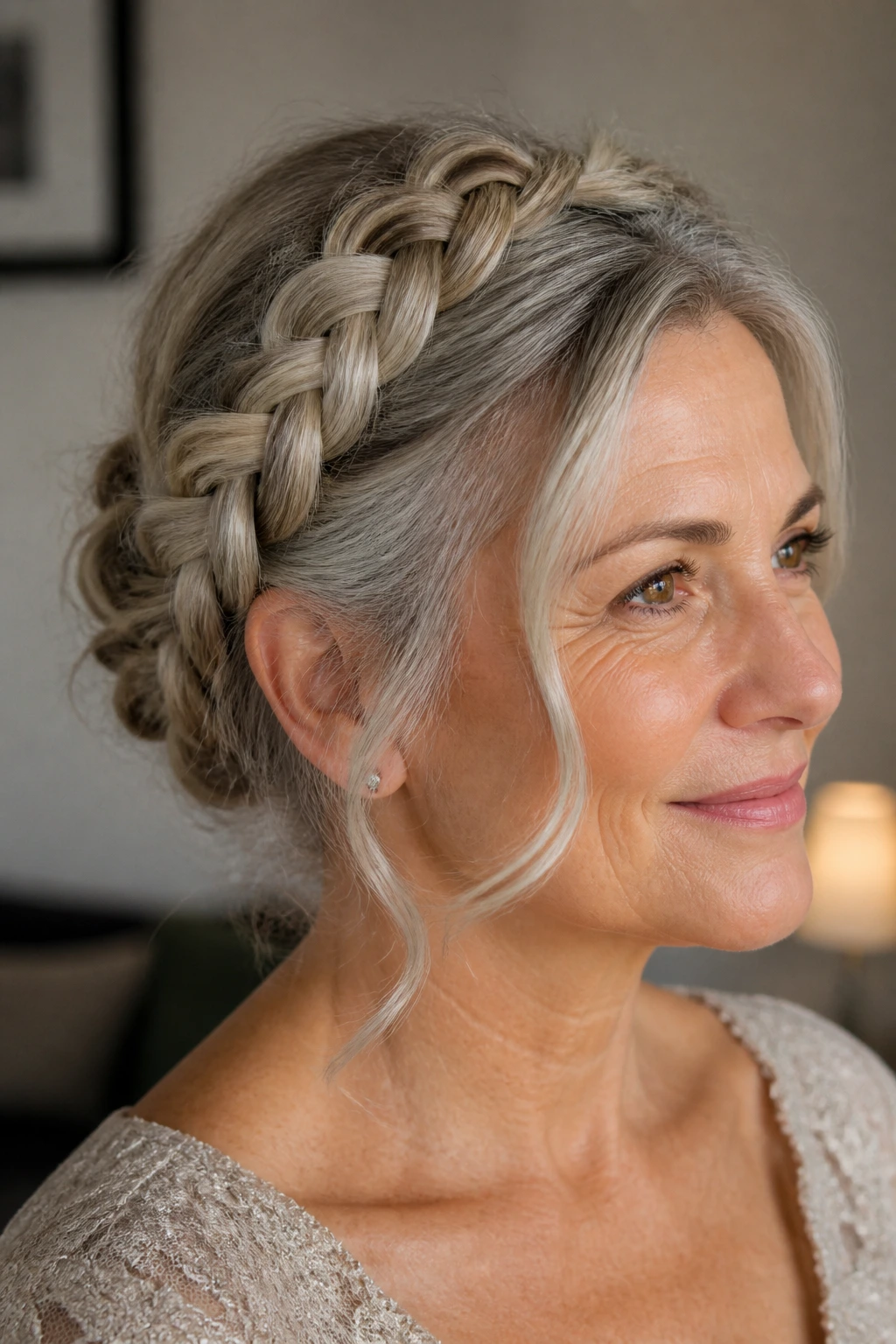 Real woman wearing a halo braid with soft light
