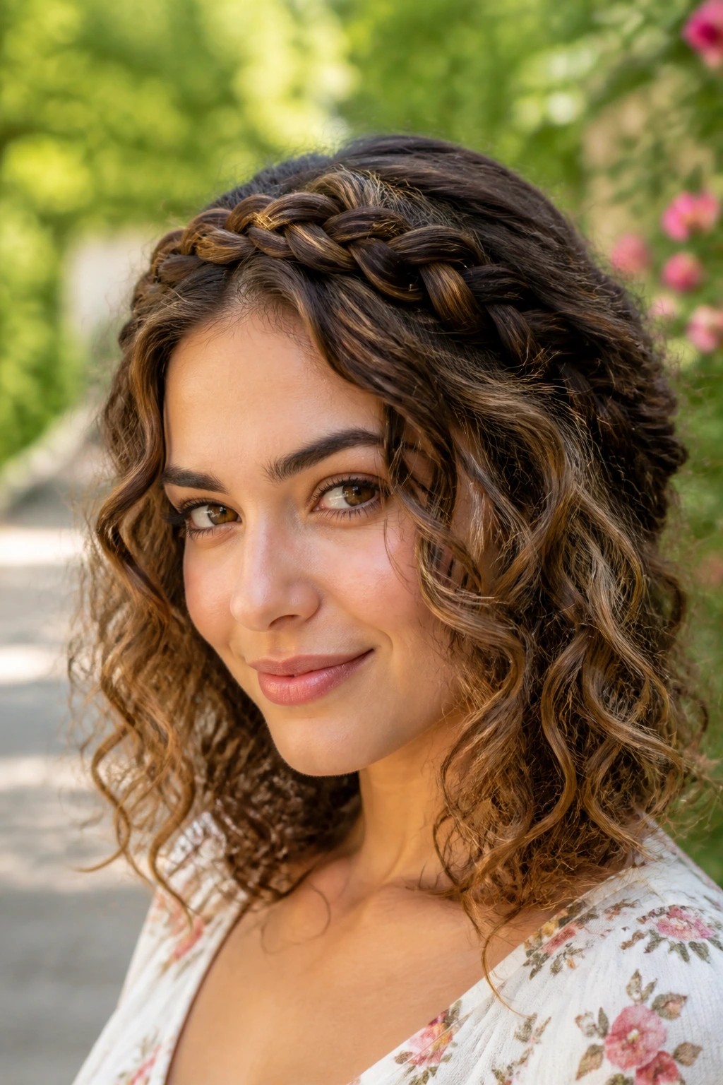 Woman with halo braid over loose curls in a garden setting