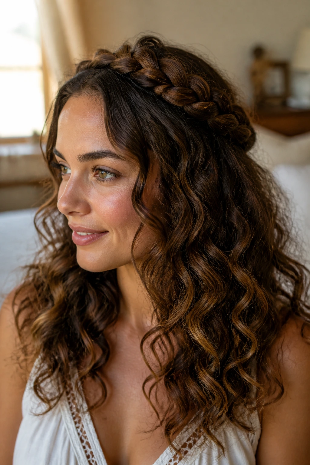 Close-up of a real woman wearing a halo braid over loose curls with lowlights.