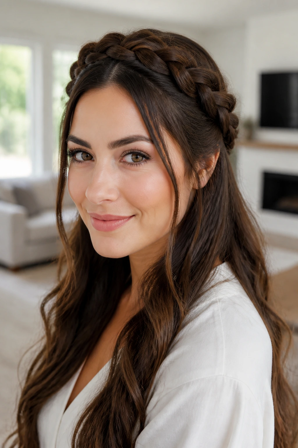 Portrait of woman with halo braid and loose length, crown framing the face