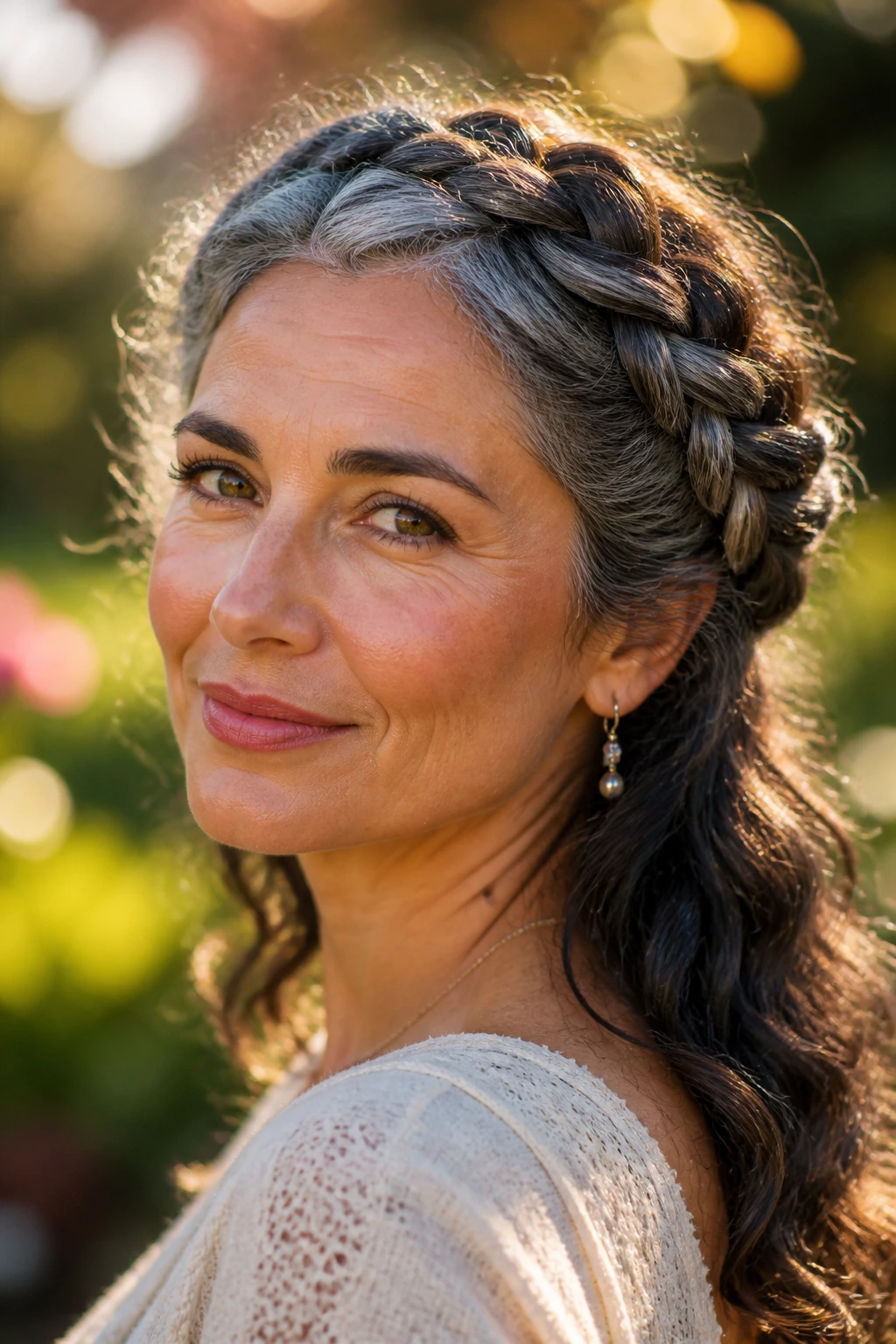 Close-up of real woman with halo braid encircling head and loose back length