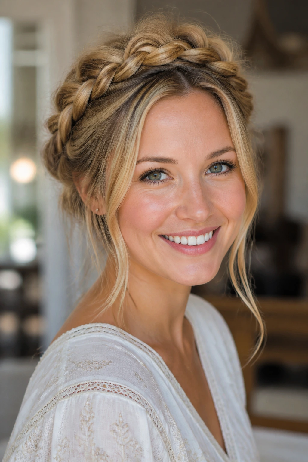 Portrait of a real woman with halo braid and loose volume