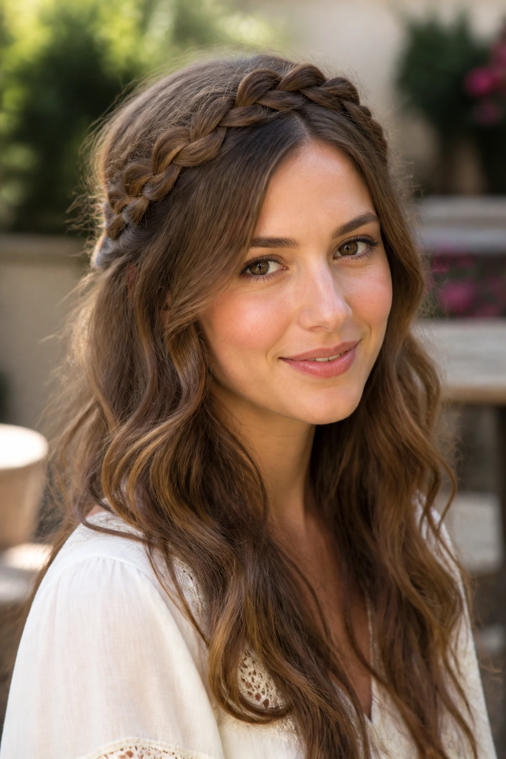 Real woman with halo braid over loose waves in a sunlit garden.