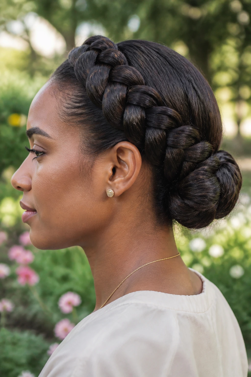 Close-up of a real person wearing a halo braid into a low bun outdoors
