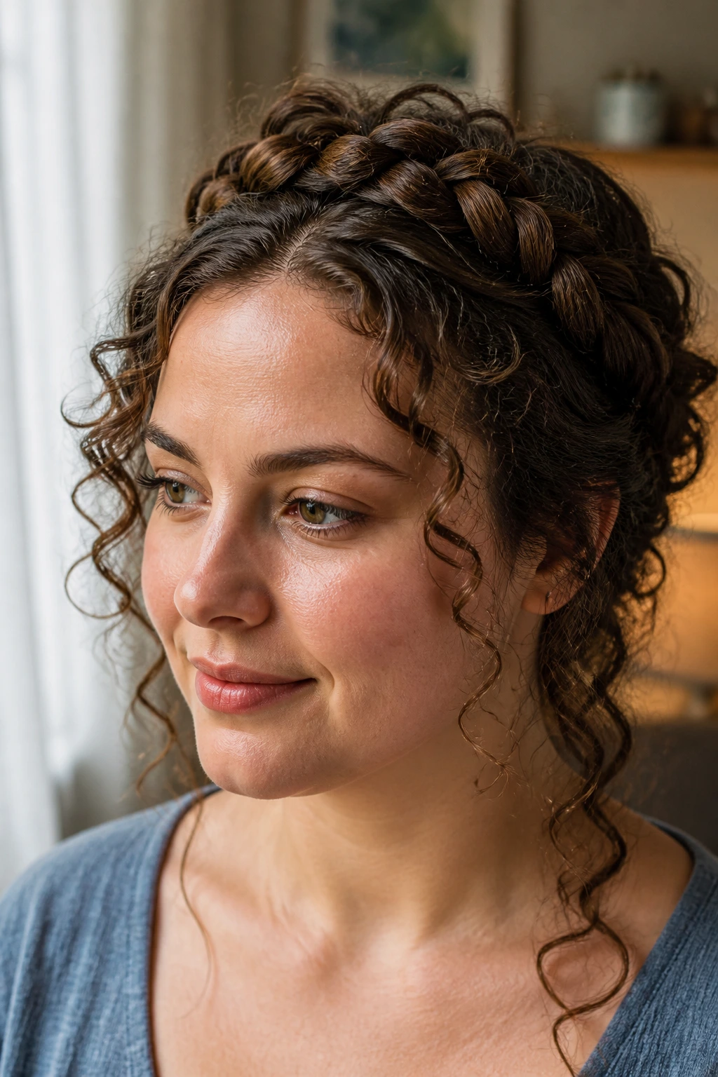 Woman with halo braid demonstrating variations and boundary around cheeks in a cozy living room.