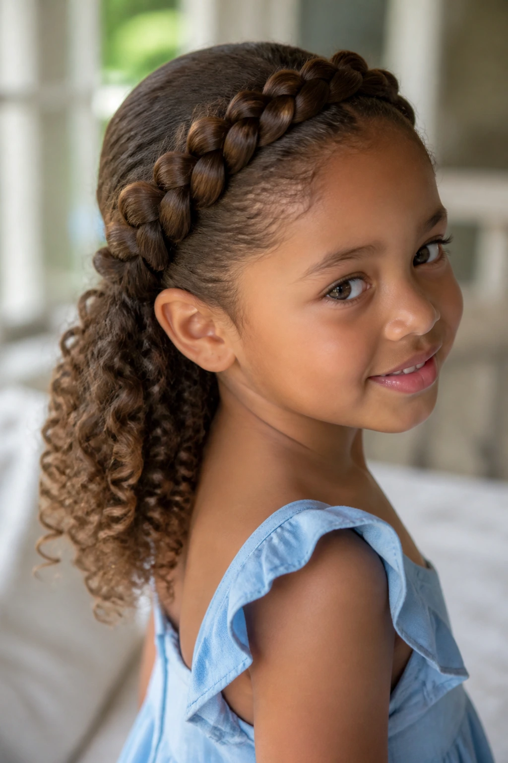 Girl wearing a halo braid with open curls at the back, portrait indoors.
