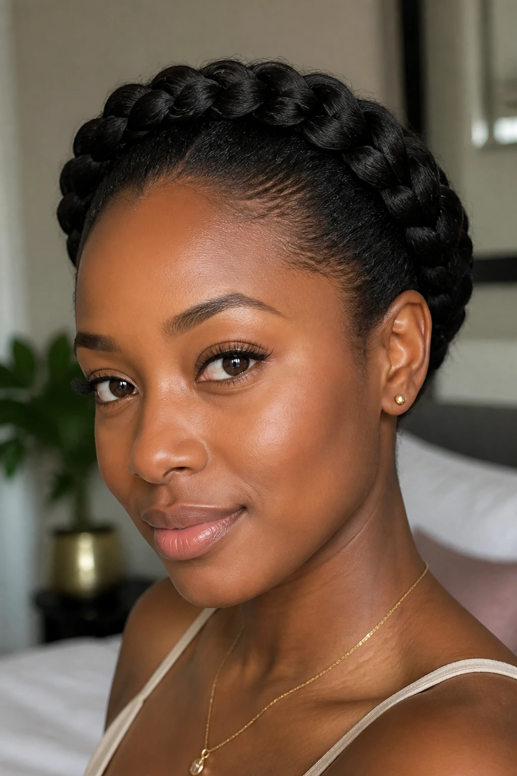 Close-up of a real Black woman wearing a halo braid around the head.