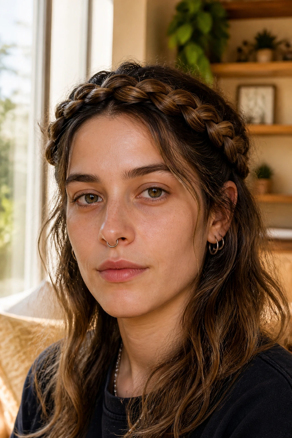 Close-up of a real person wearing a halo braid around the head