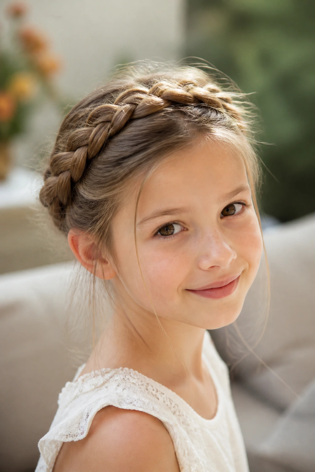 Real girl wearing a loose halo braid under soft natural light