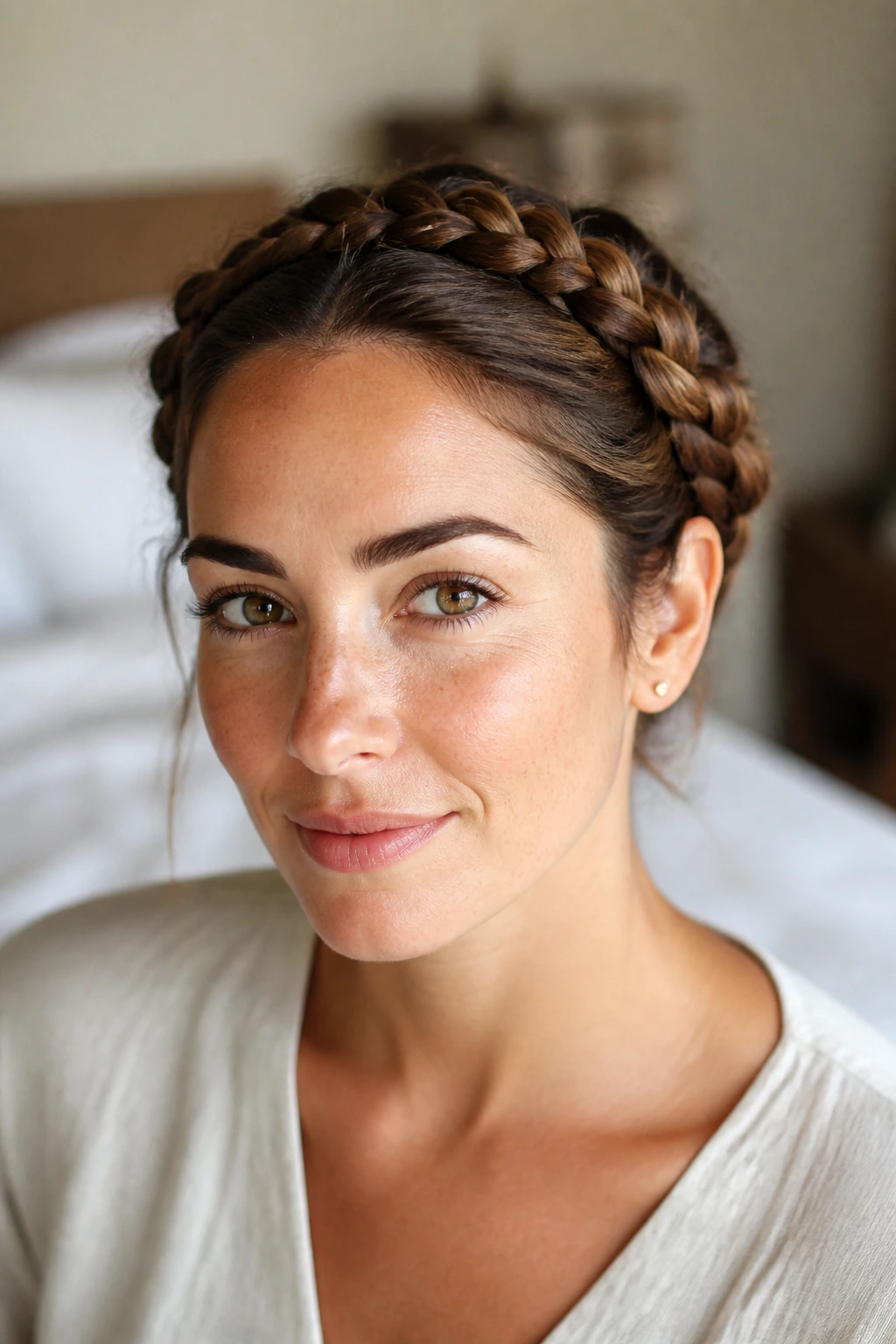 Close-up portrait of a real woman wearing a halo braid wrapped close to the head