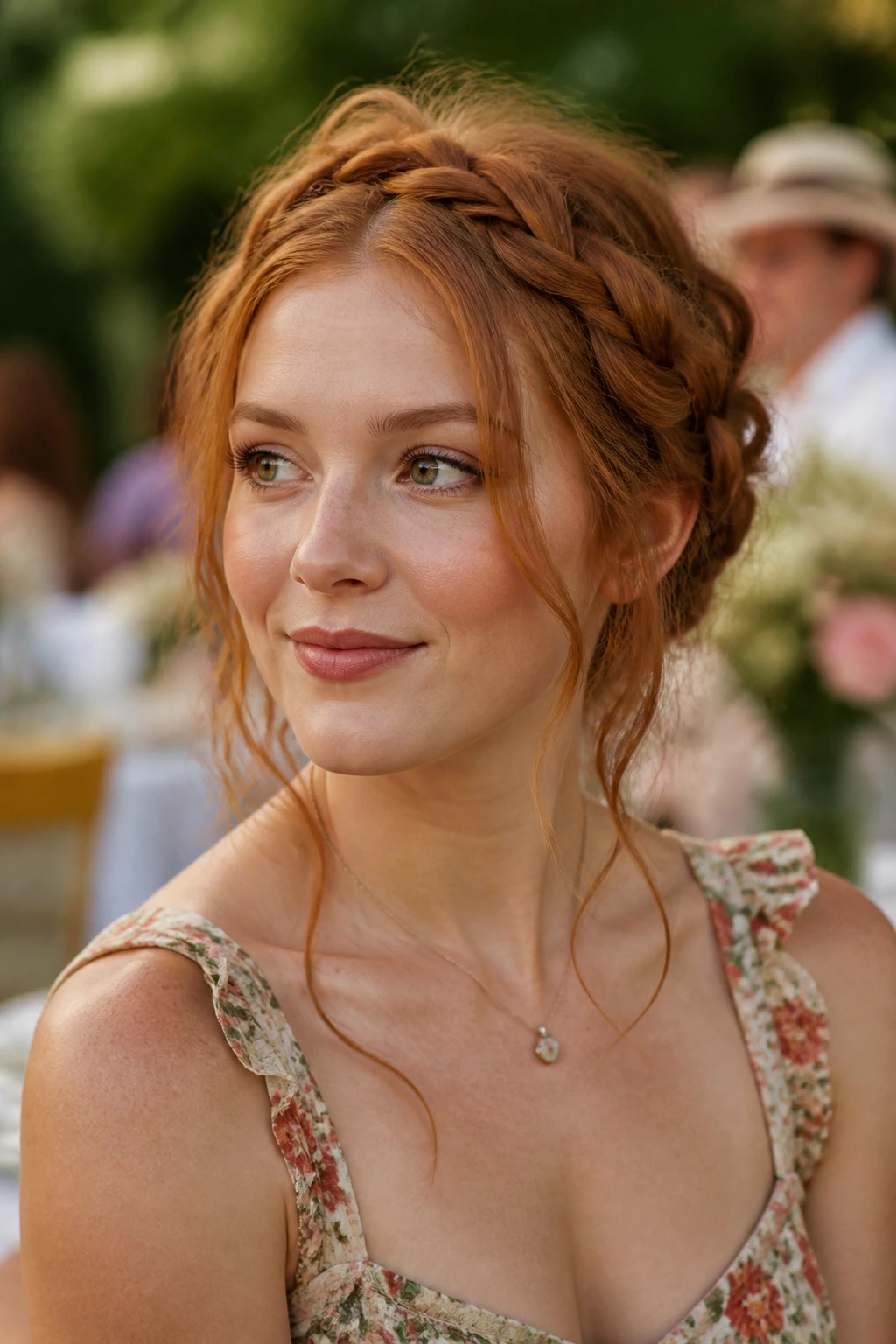 Portrait of a woman wearing a halo braid with loose texture on red hair