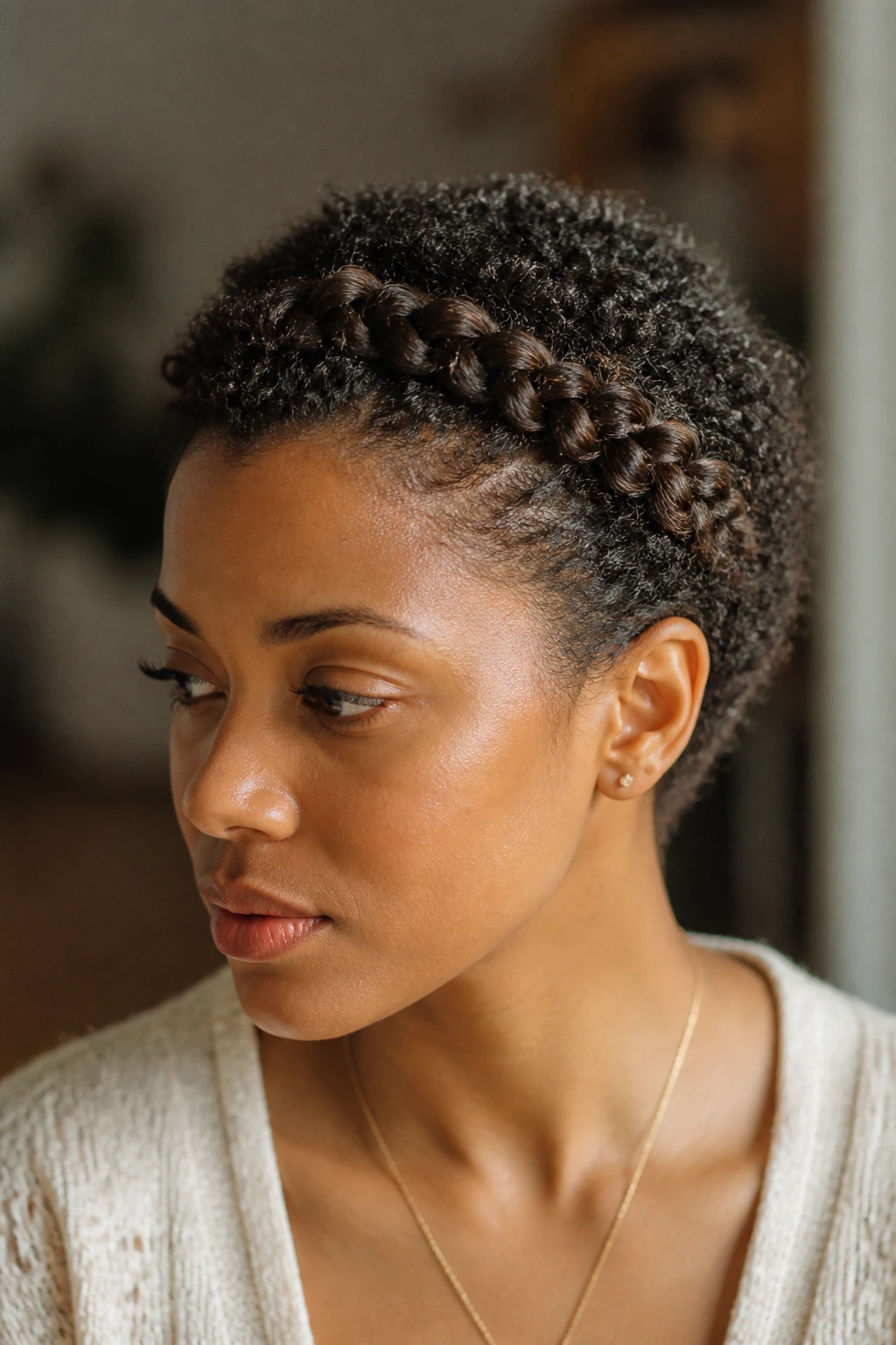 Close-up portrait of a real woman with a halo braid around the hairline on short textured hair