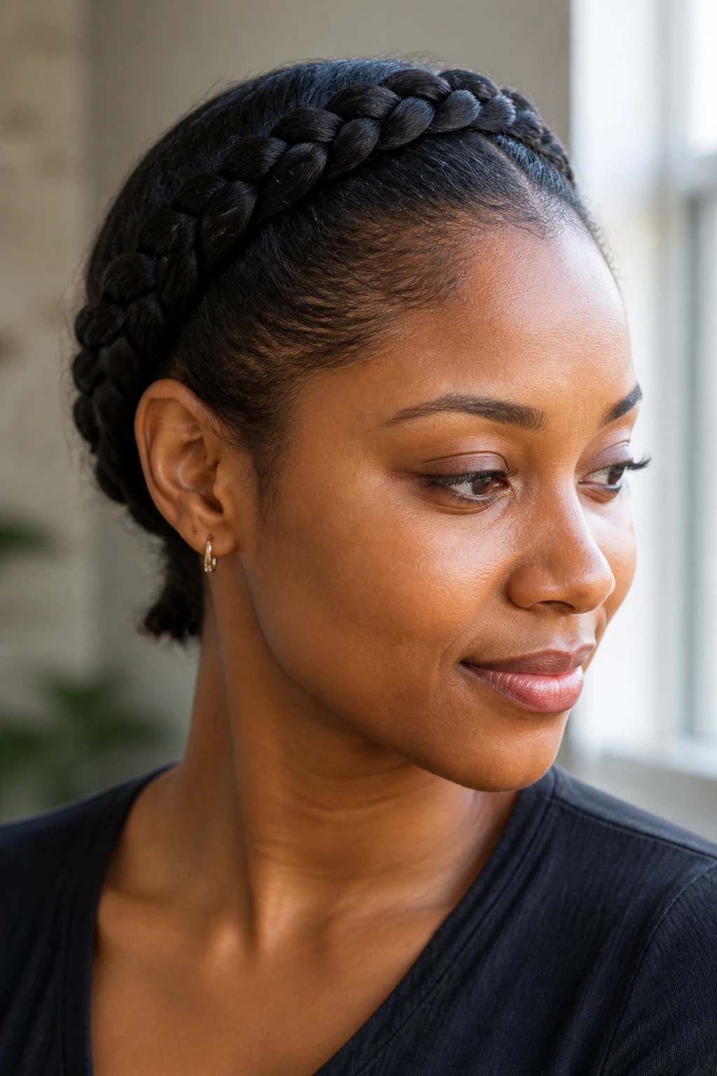 Close-up of real woman with halo braid and tucked-back tail