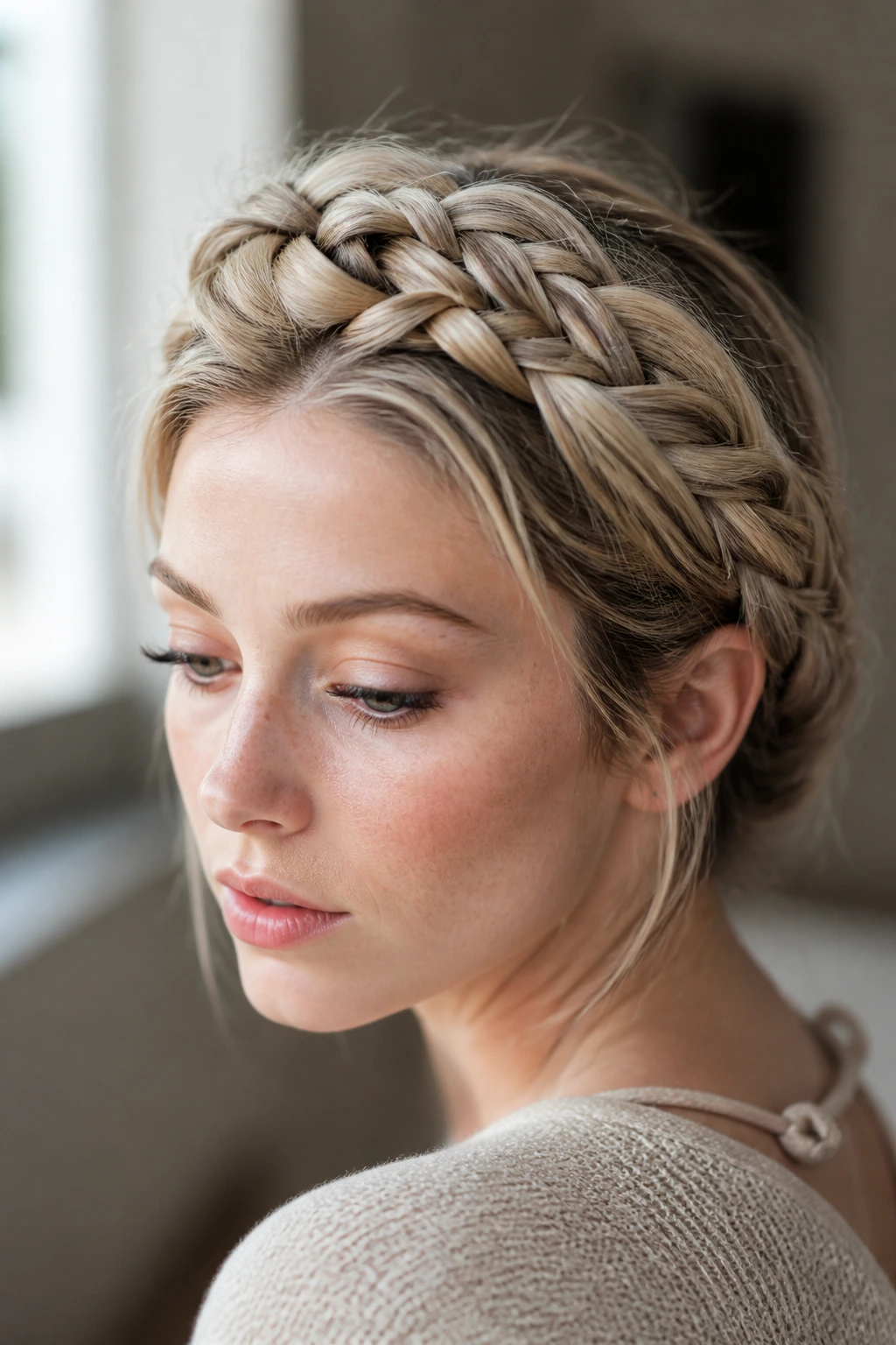 Close-up of a real woman wearing halo braid with smoky lowlights around temples