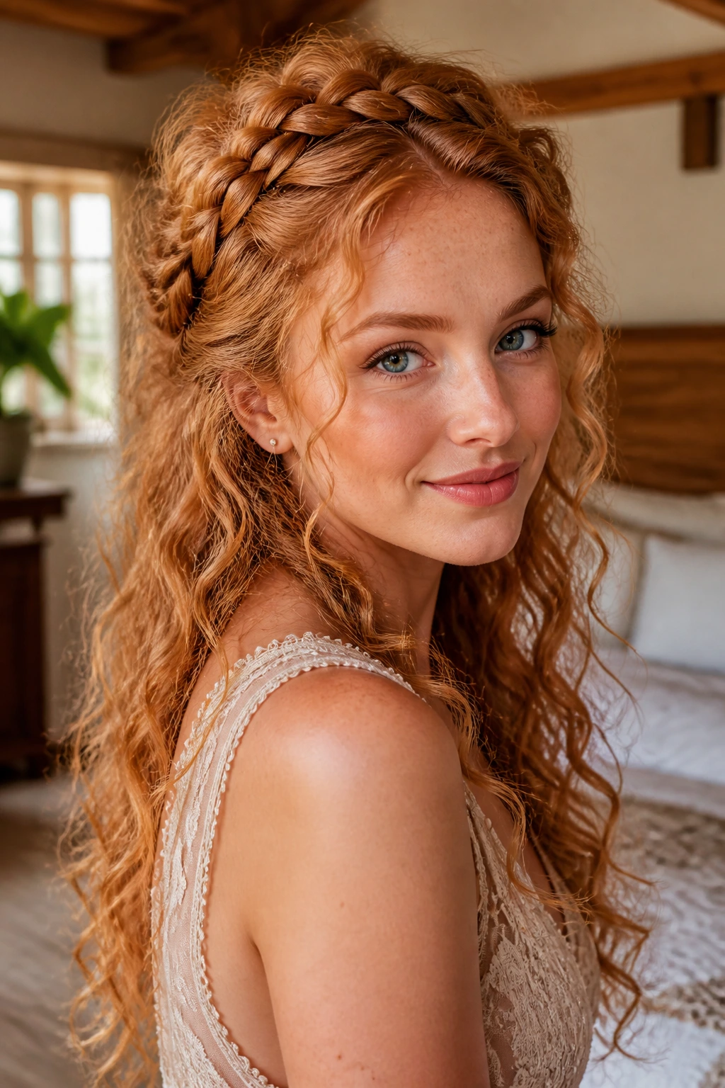 Close-up portrait of a real woman with a loose halo braid around strawberry blonde curls in a sunlit room