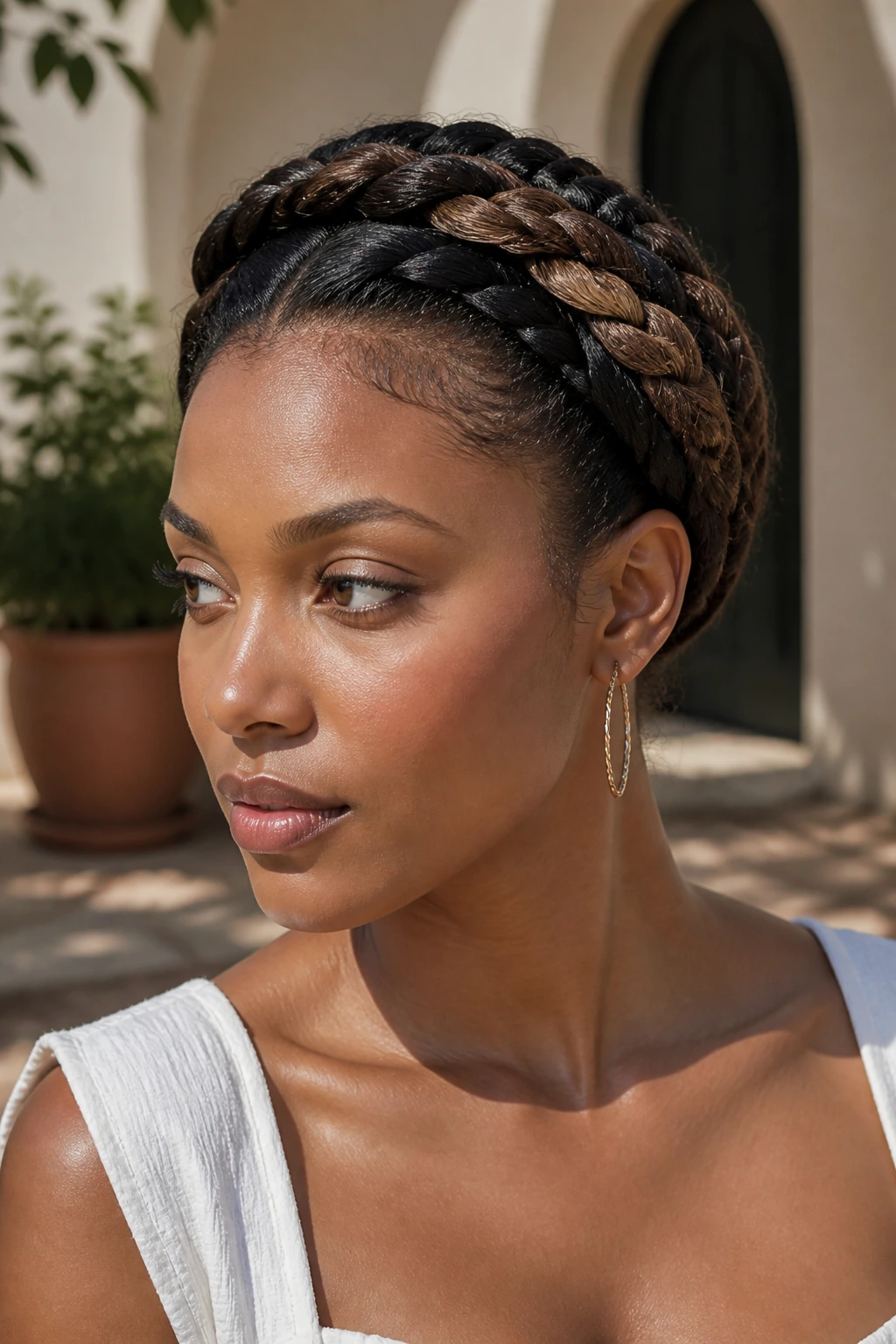 Close-up of a real woman with Halo Braid and Taupe Accents