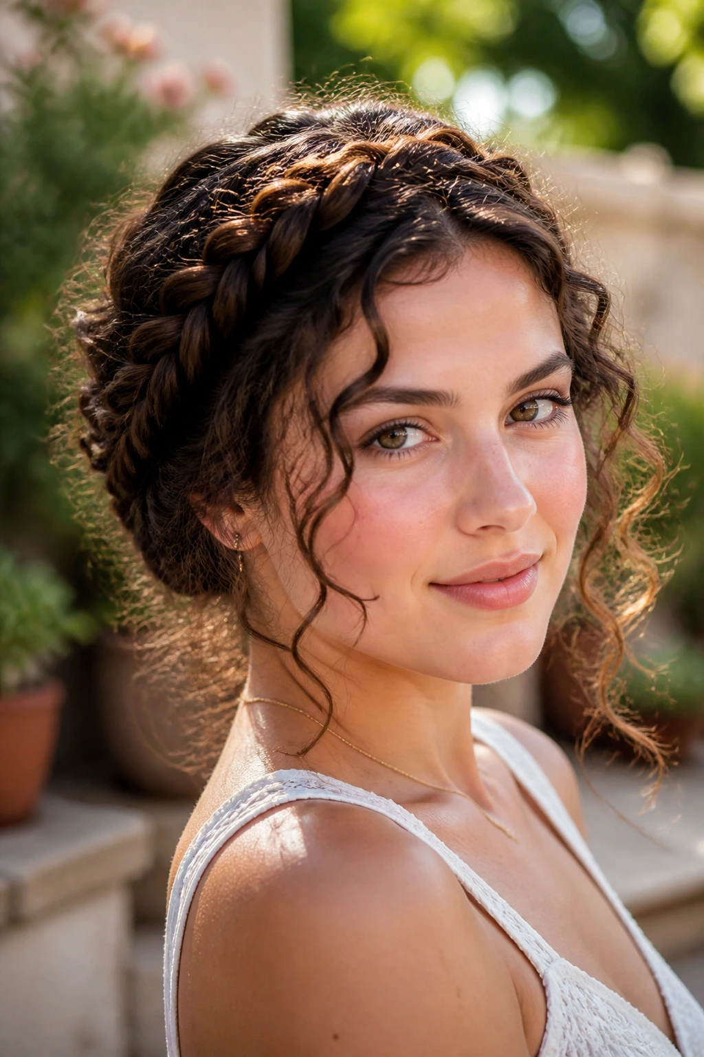 Close-up of a woman with halo braid and tendrils at the temples.