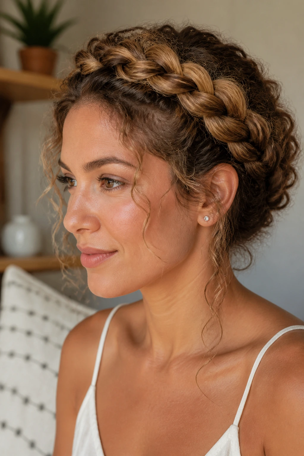 Woman wearing halo braid with soft tendrils around temples