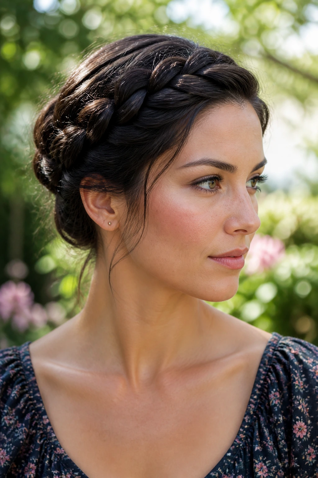 Close-up of a real woman with thick hair featuring a halo braid with hidden ends tucked underneath.