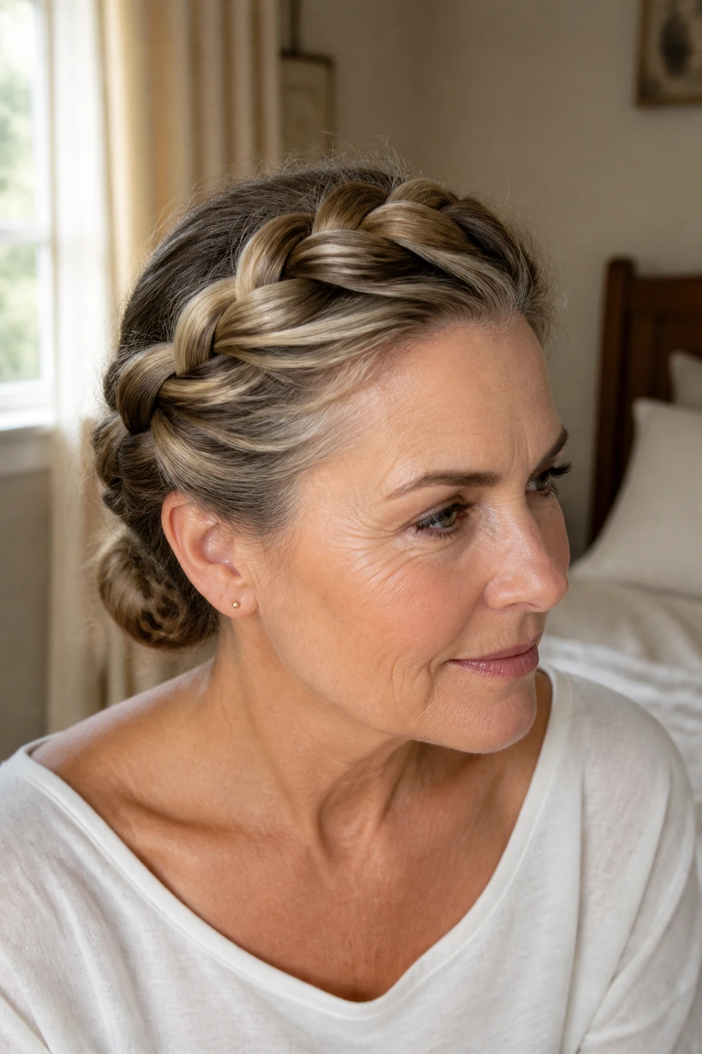 Close-up of a real woman with a halo braid encircling the head and tucked behind the ear.