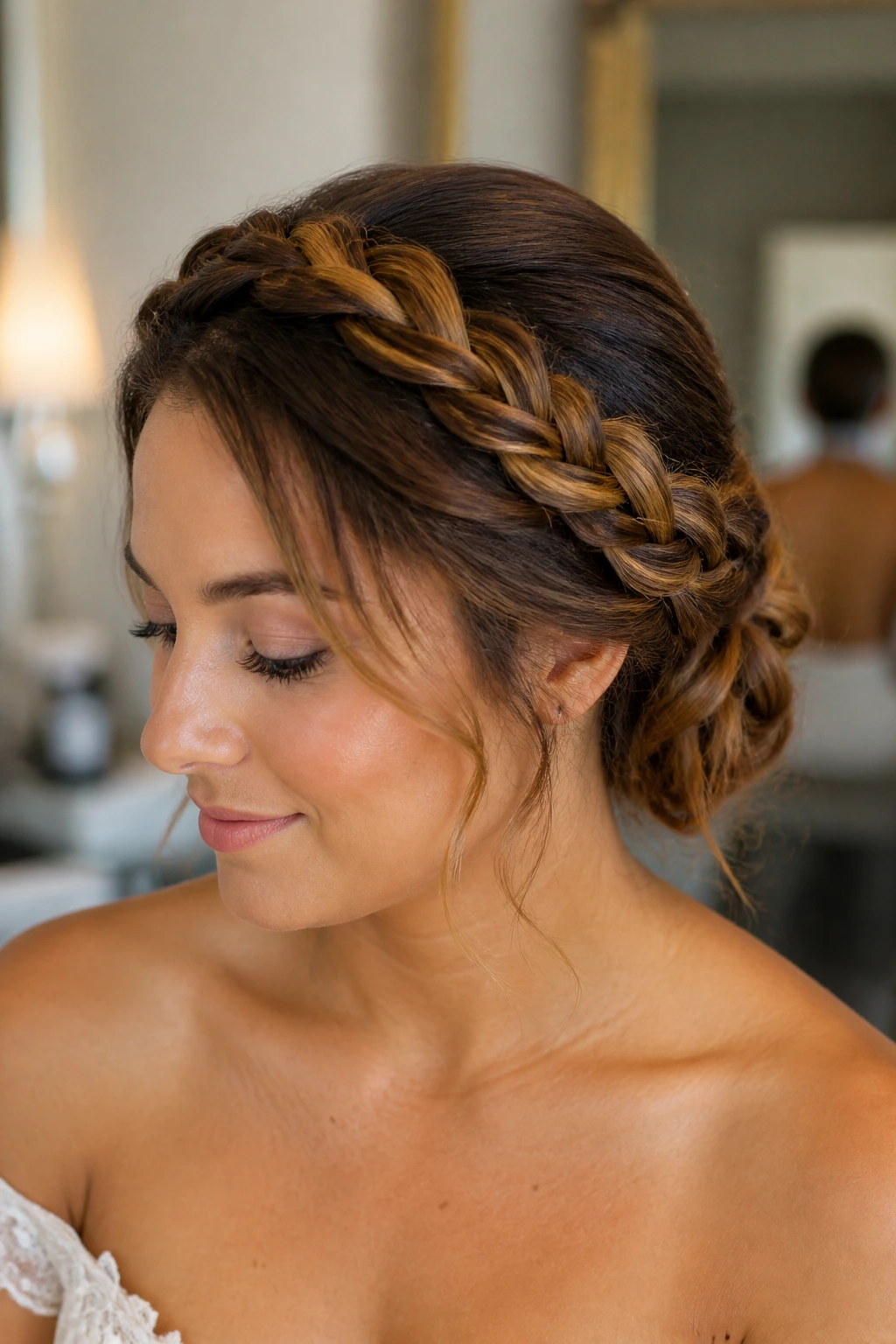 Close-up of real woman wearing halo braid updo with halo braid around crown