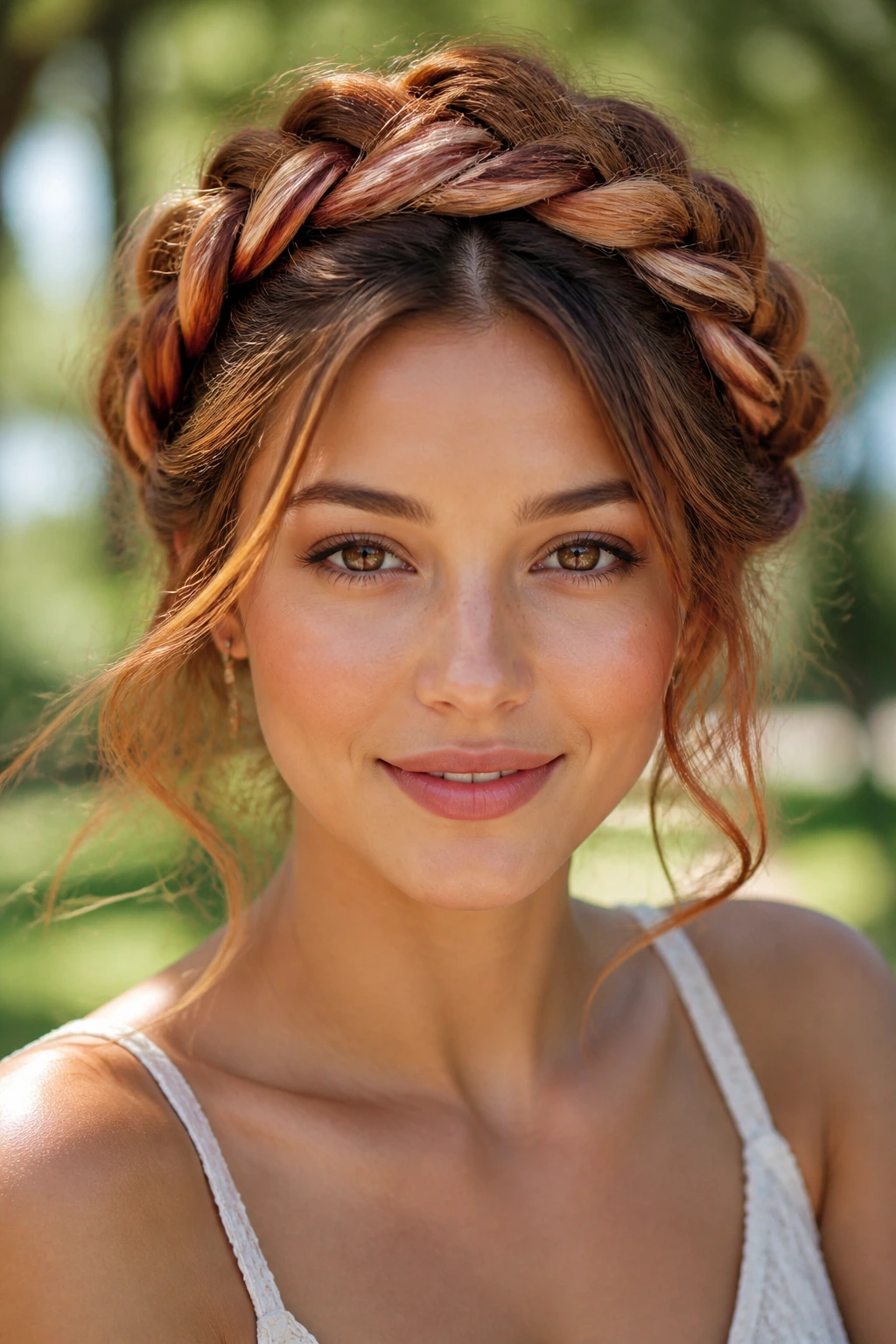 Portrait of a woman wearing a halo braid with warm rosy dimension
