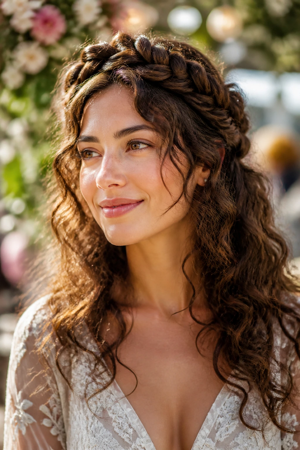 Real woman with halo braid and soft curly waves