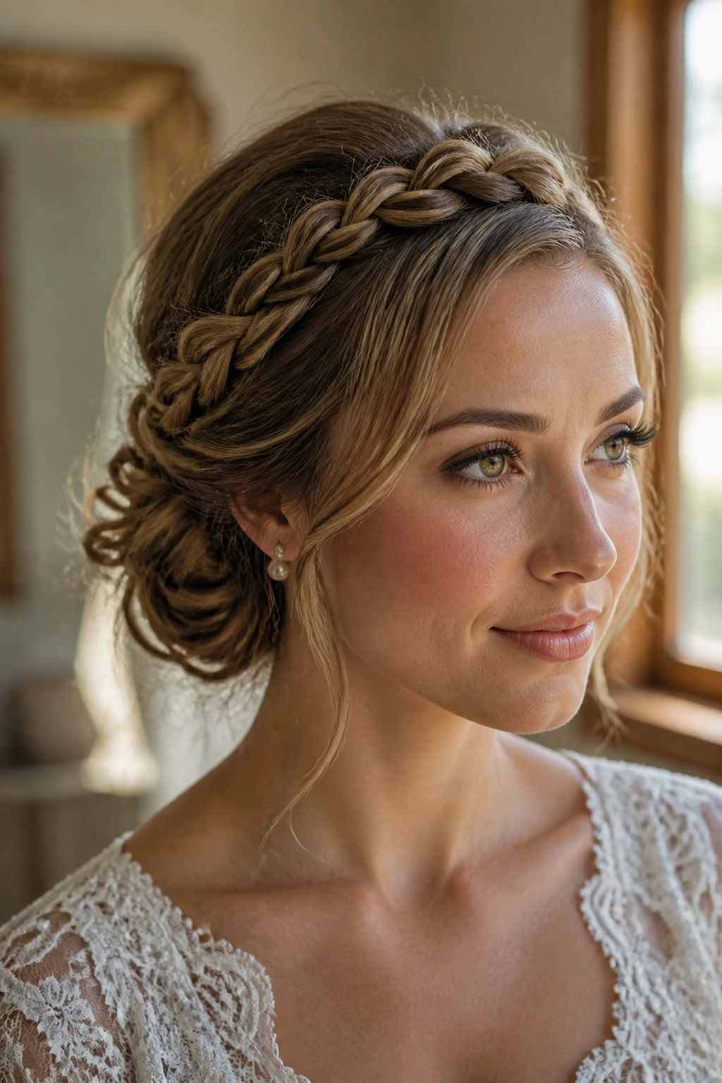 Close-up of a real woman wearing a halo braid that frames her face with tucked back length.