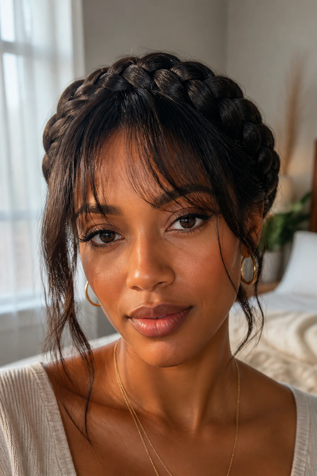 Close-up of a real woman wearing a halo braid with wispy curtain bangs