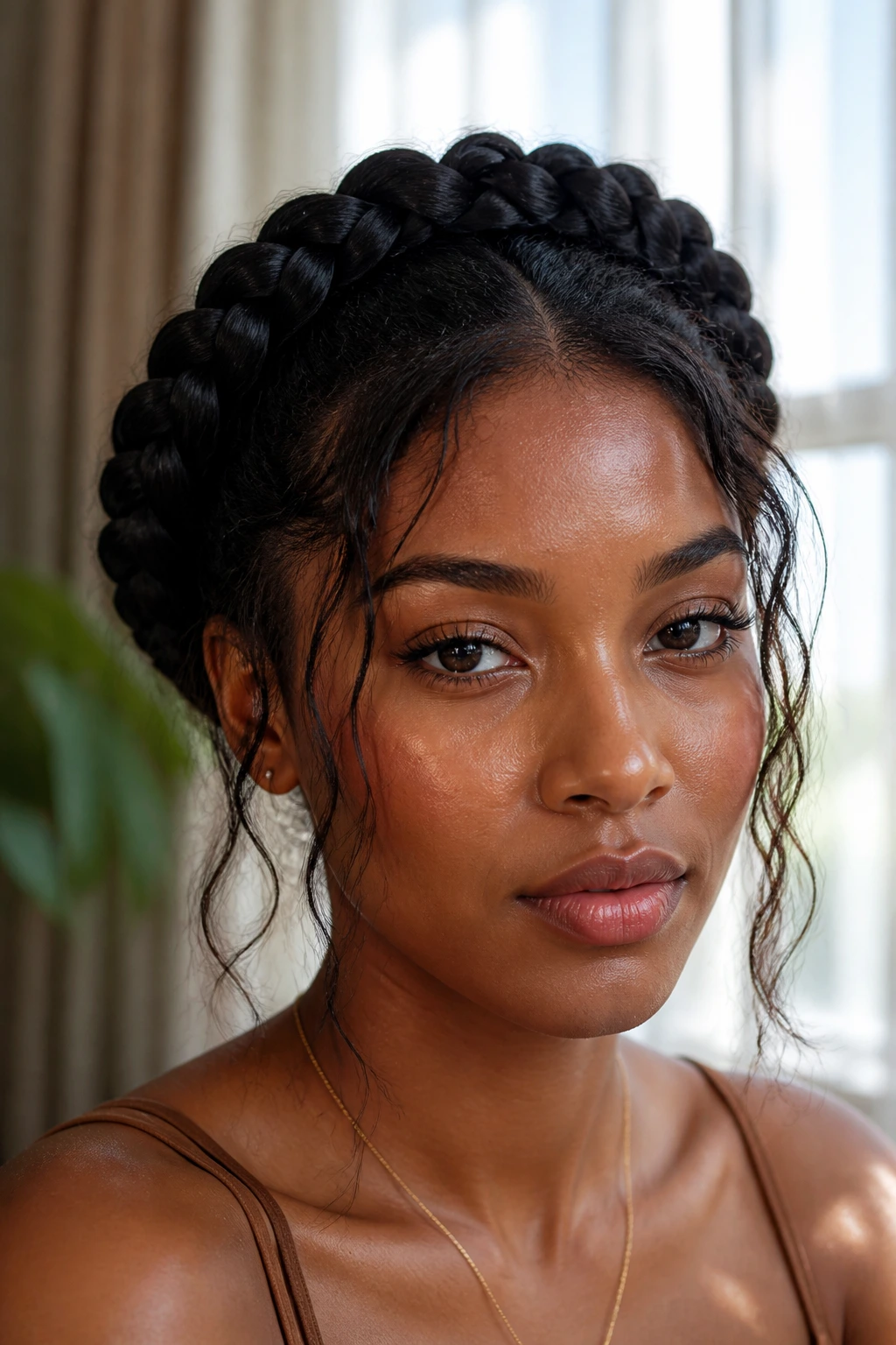 Close-up portrait of a woman with halo braid and wispy face-framing pieces.