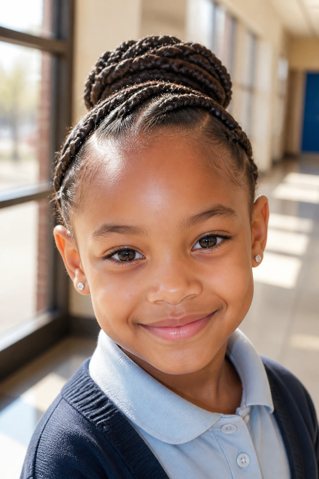 Halo braided bun on real child with crown circle and bun above occipital bone
