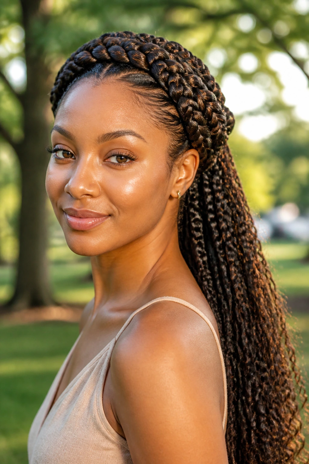 Close-up of a real woman with halo braids and back-length hair.