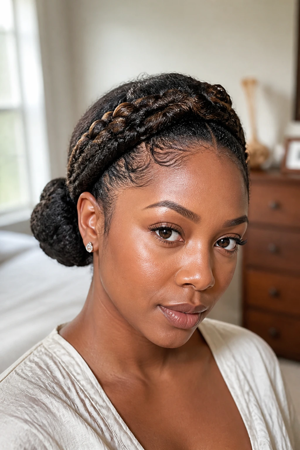 Close-up of a real woman with asymmetrical halo braids and a low bun